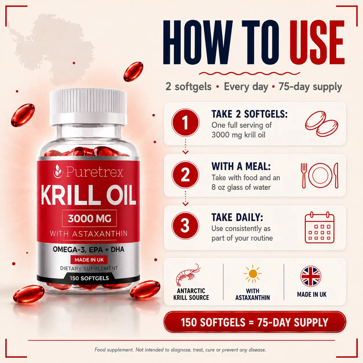 How to use PURETREX Krill Oil 3000mg — take 2 softgels daily with a meal and water; 150 softgels provide a 75-day supply, made in the UK.