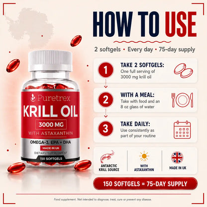 How to use PURETREX Krill Oil 3000mg — take 2 softgels daily with a meal and water; 150 softgels provide a 75-day supply, made in the UK.