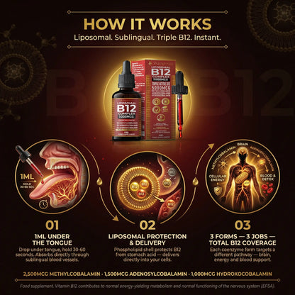 Puretrex Liposomal B12 how it works - sublingual absorption, liposomal delivery, 3 active B12 forms for brain and energy