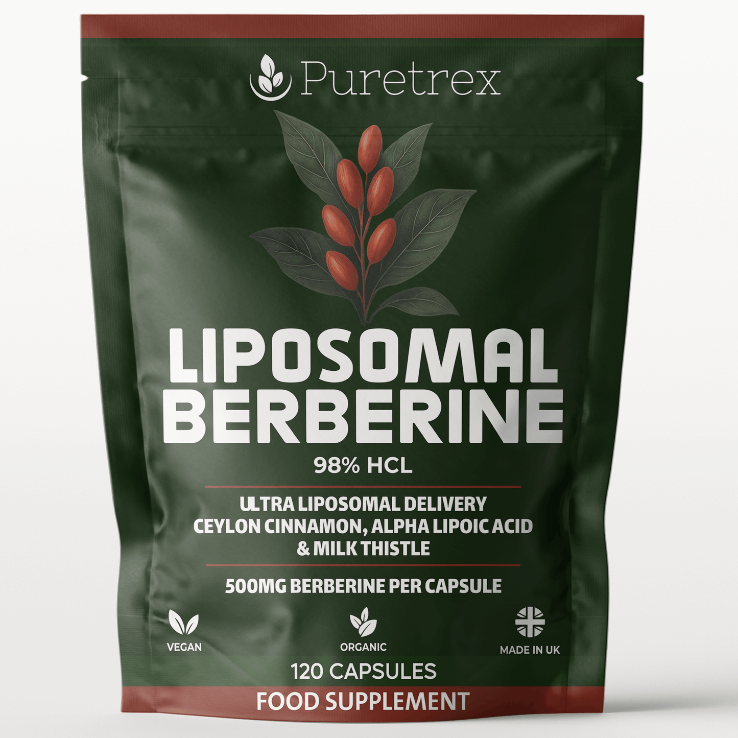 Front view of Liposomal Berberine supplement package on a clean background.
