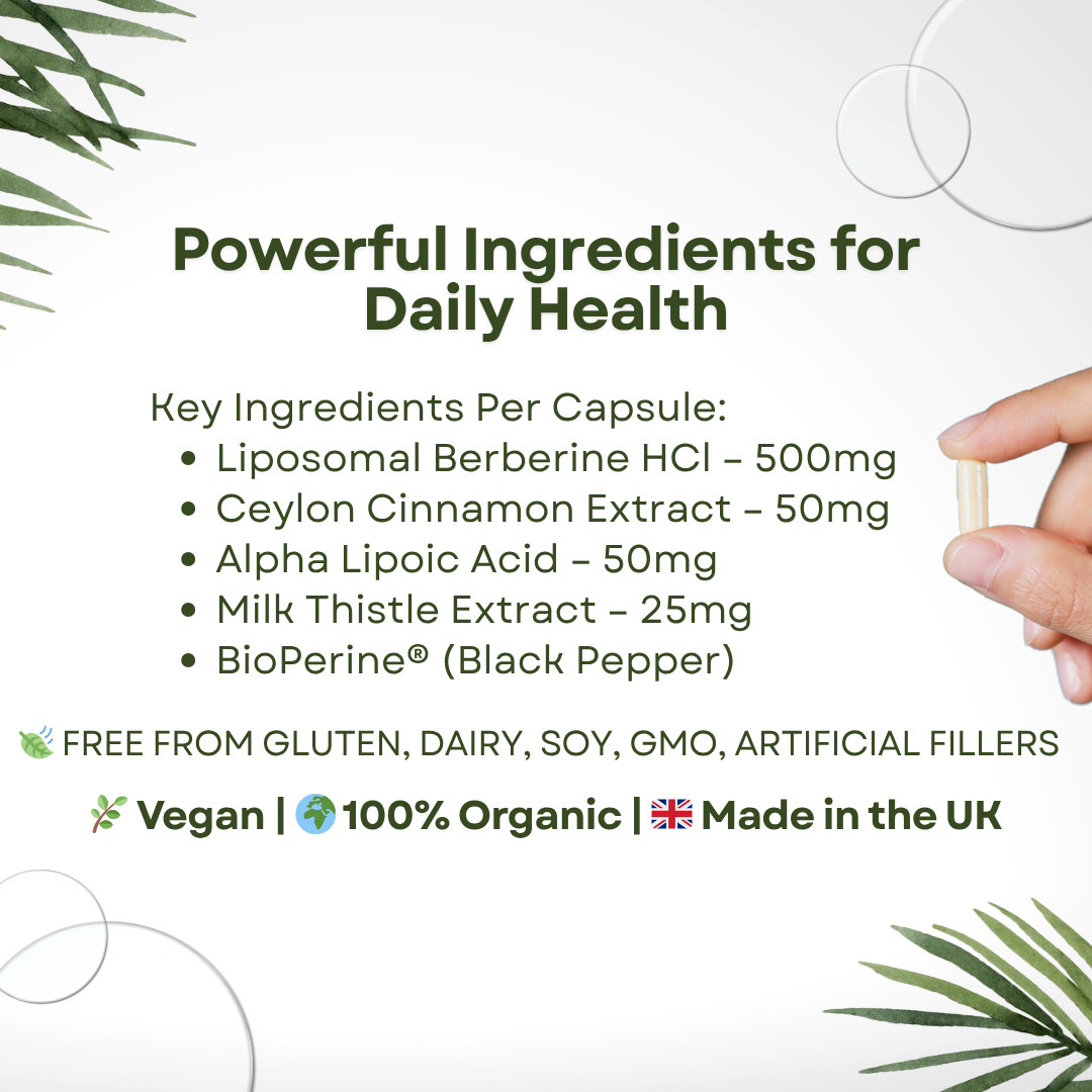 Key ingredients of Liposomal Berberine supplement listed with health highlights on a white background.