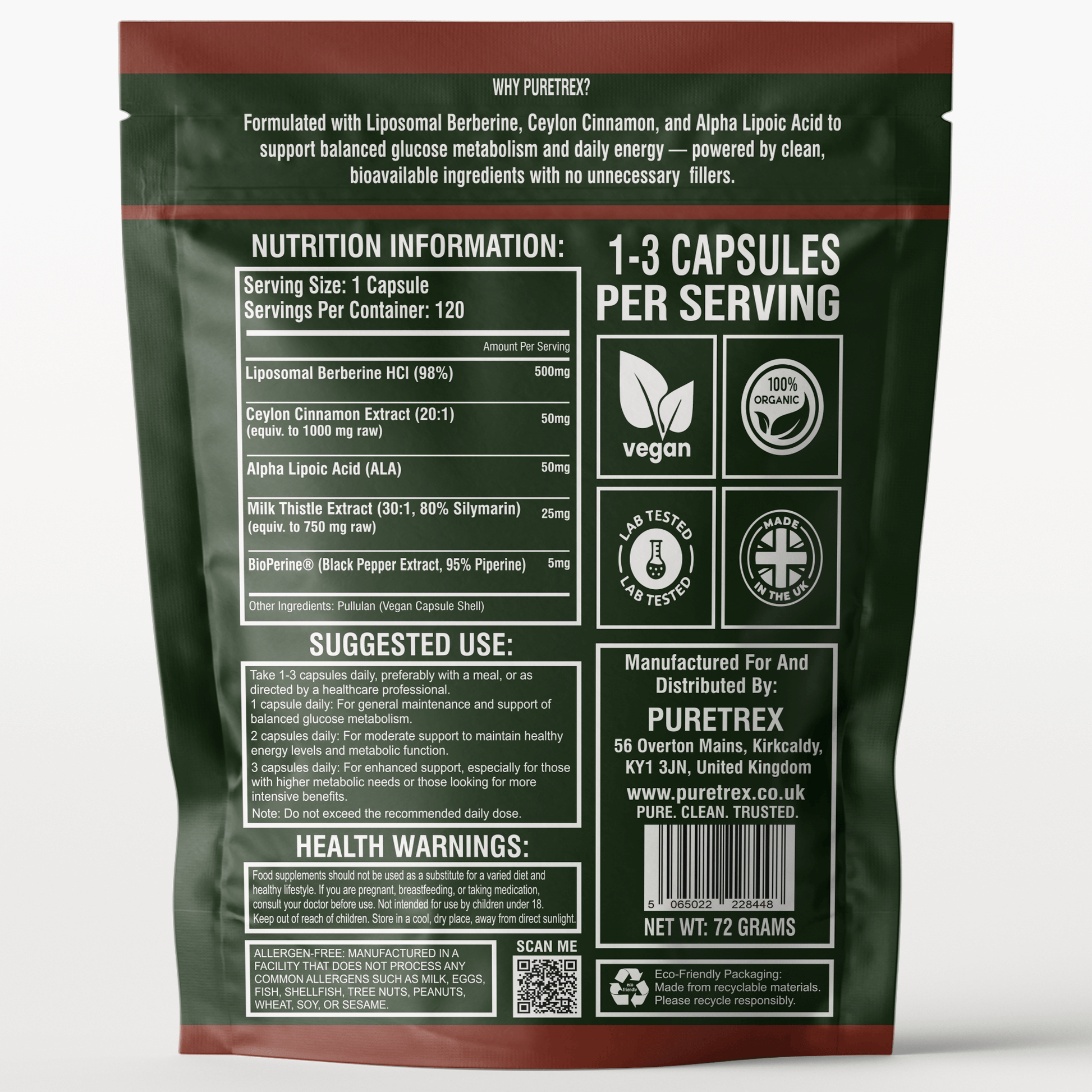 Back view of Liposomal Berberine supplement package showing nutrition facts, suggested use, and health warnings.
