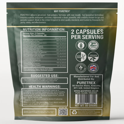 Back of Puretrex Liposomal Herbal Parasite and packaging showing supplement facts, ingredients, directions for use, warnings, barcode and recycling information