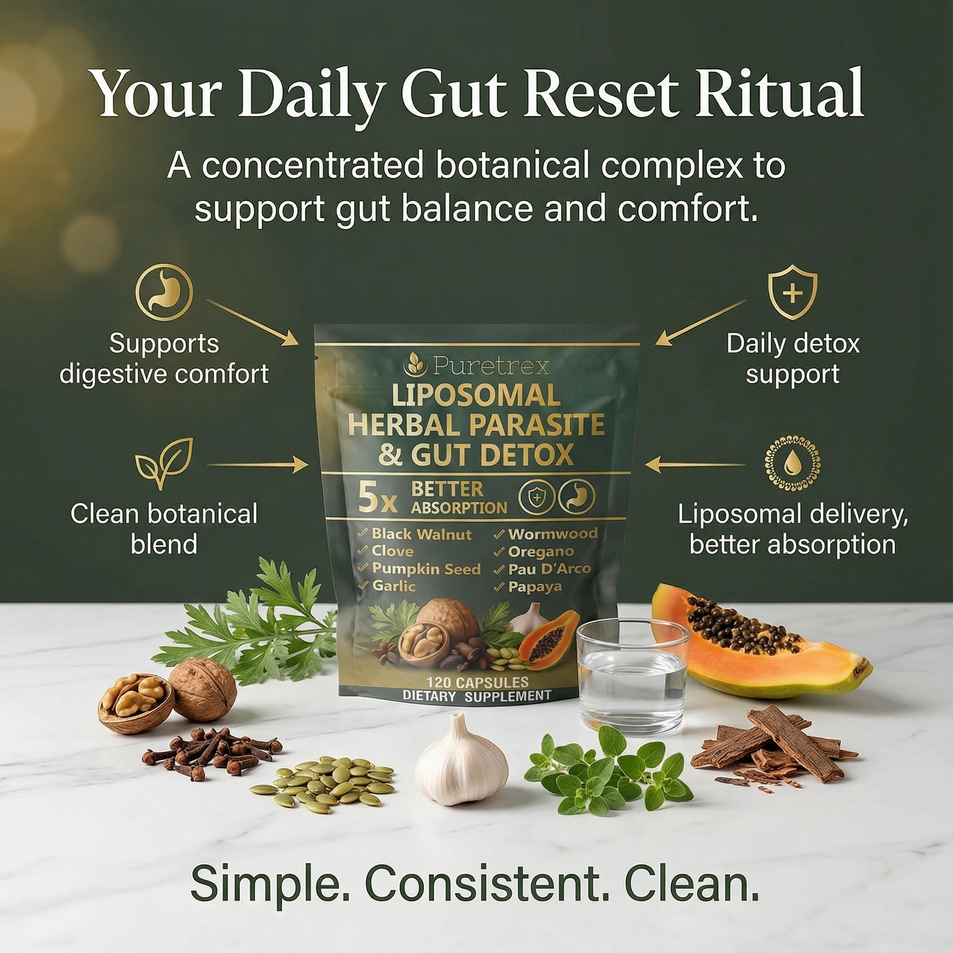 Puretrex Liposomal Herbal Parasite and daily gut reset ritual featuring herbal ingredients and comfort
