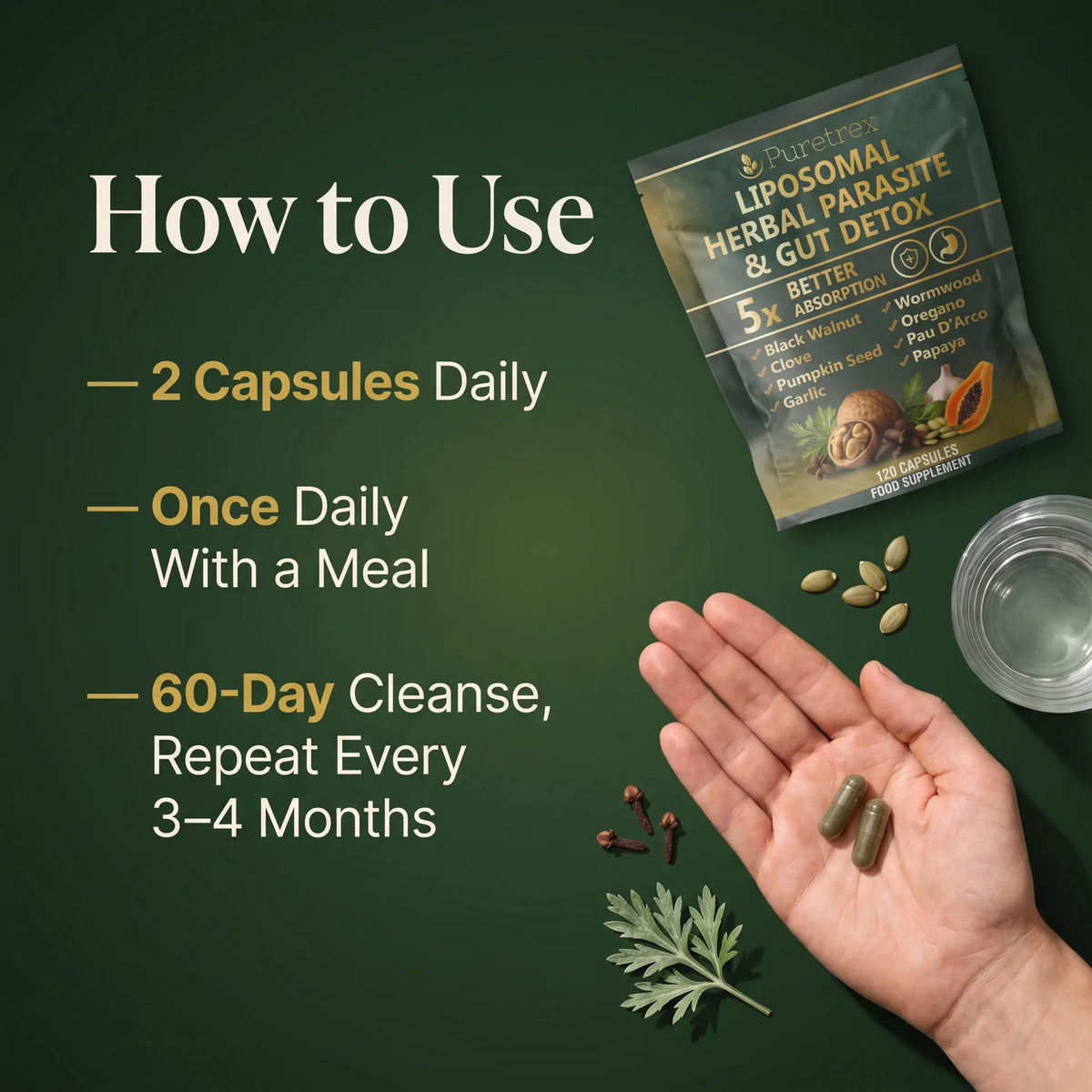 Puretrex Liposomal Herbal Parasite and Gut Detox how to use instructions showing 2 capsules daily taken once with a meal as a 60-day cleanse cycle repeated every 3 to 4 months