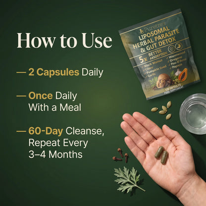 Puretrex Liposomal Herbal Parasite and Gut Detox how to use instructions showing 2 capsules daily taken once with a meal as a 60-day cleanse cycle repeated every 3 to 4 months