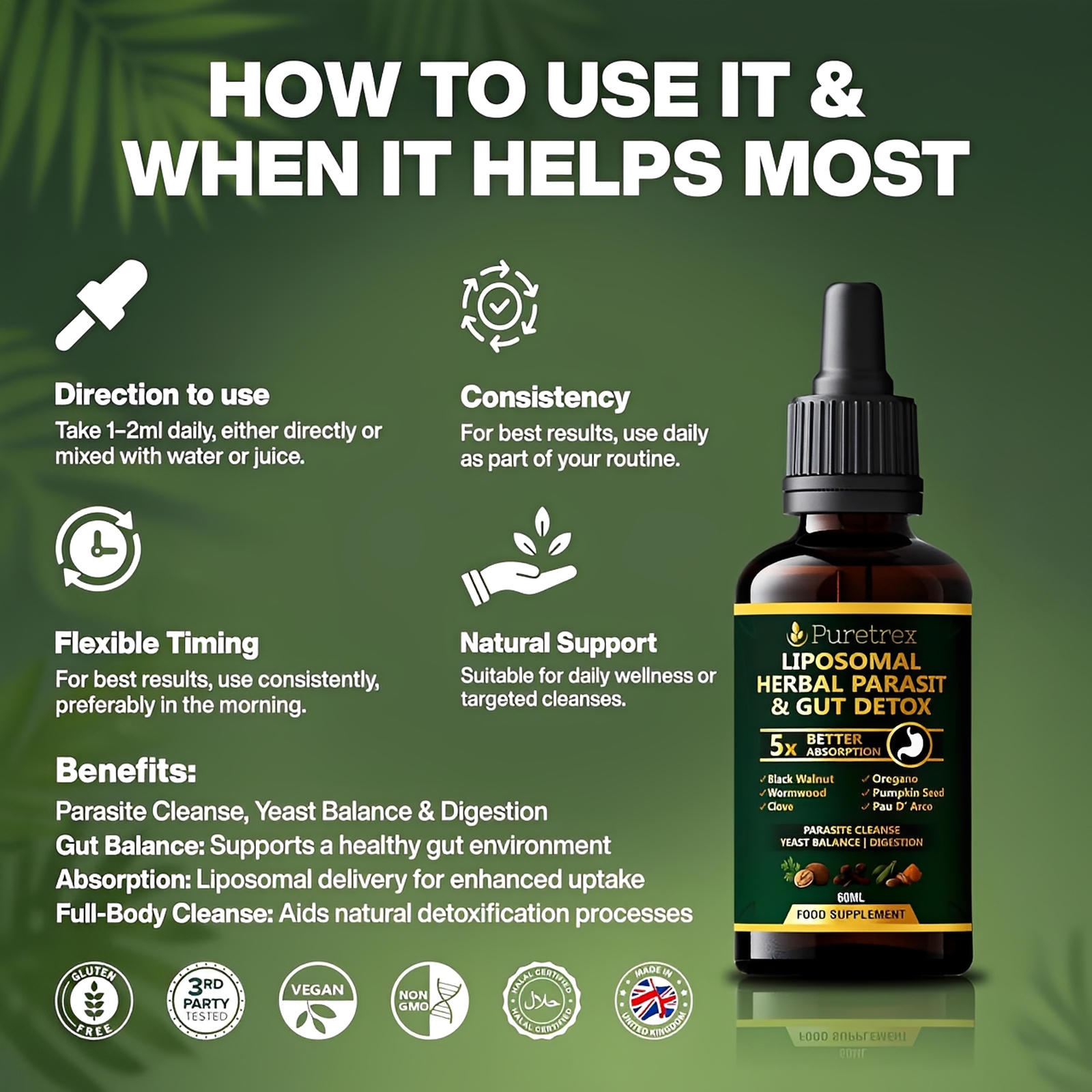 How to use Puretrex Liposomal Herbal Parasite and showing dosage instructions, timing and benefits, digestion and support