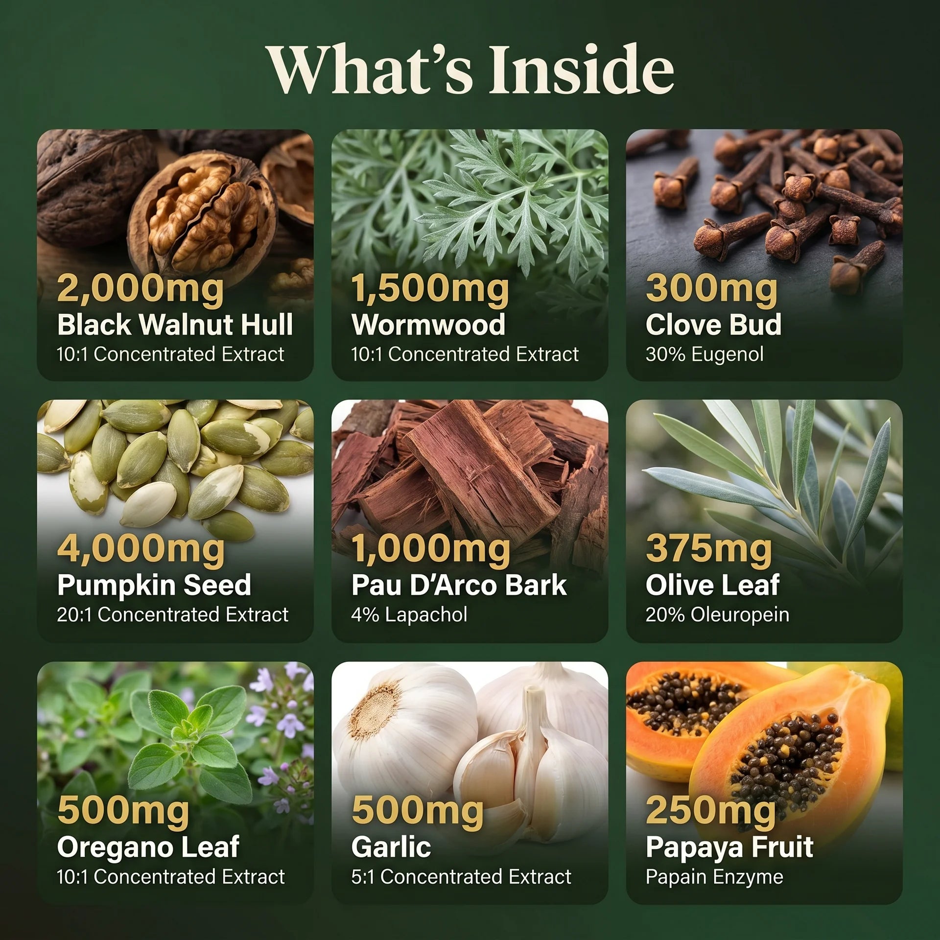 Puretrex Liposomal Herbal Parasite and Gut Detox key ingredients and clinical doses including Black Walnut Hull 2000mg, Wormwood 1500mg, Pumpkin Seed 4000mg, Clove Bud 300mg, Pau D'Arco 1000mg, Olive Leaf, Oregano, Garlic, and Papaya extracts