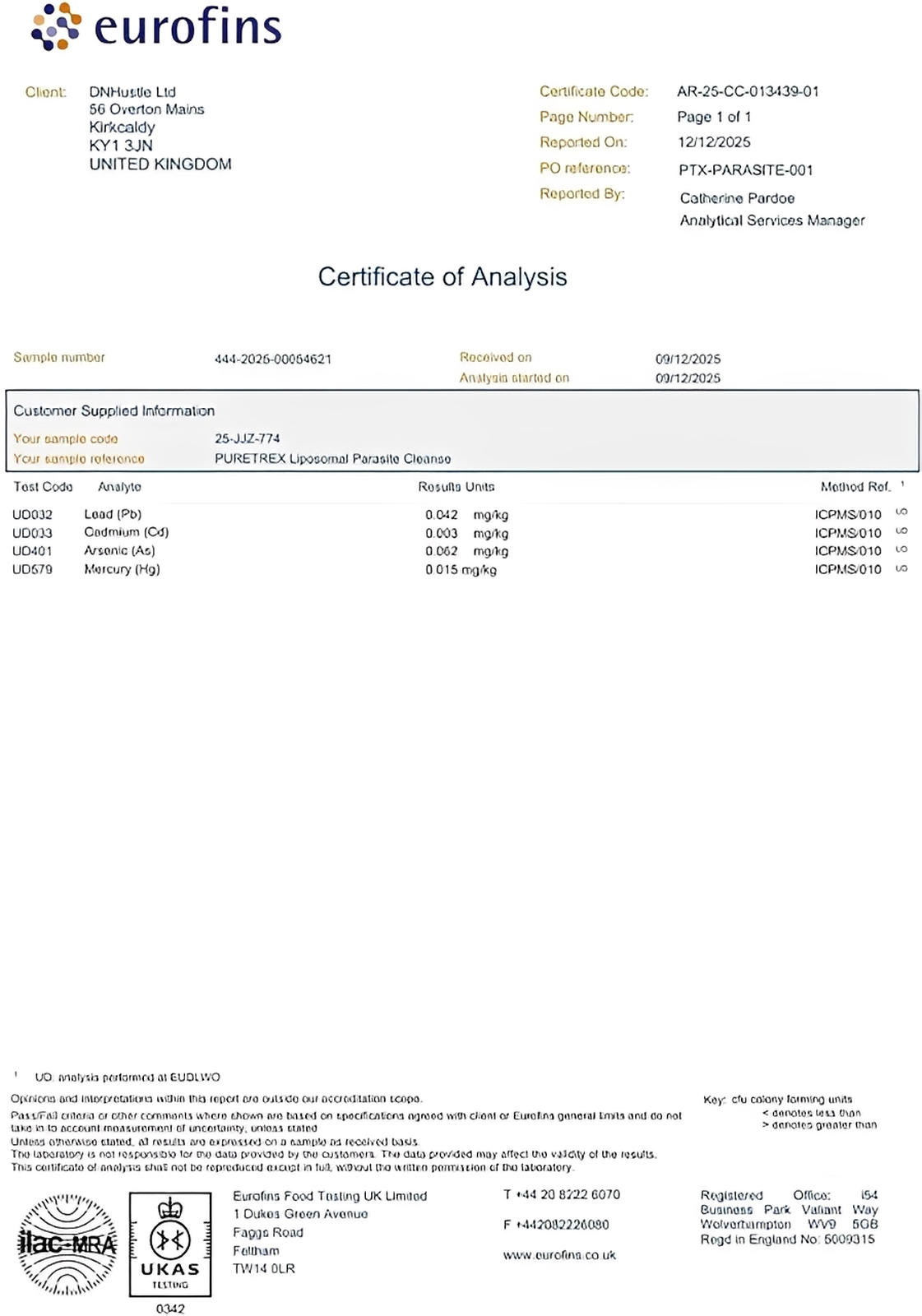 Laboratory certificate of analysis for Puretrex Liposomal Herbal Parasite and confirming quality testing, ingredient verification and safety standards
