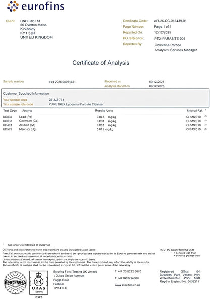 Laboratory certificate of analysis for Puretrex Liposomal Herbal Parasite and confirming quality testing, ingredient verification and safety standards