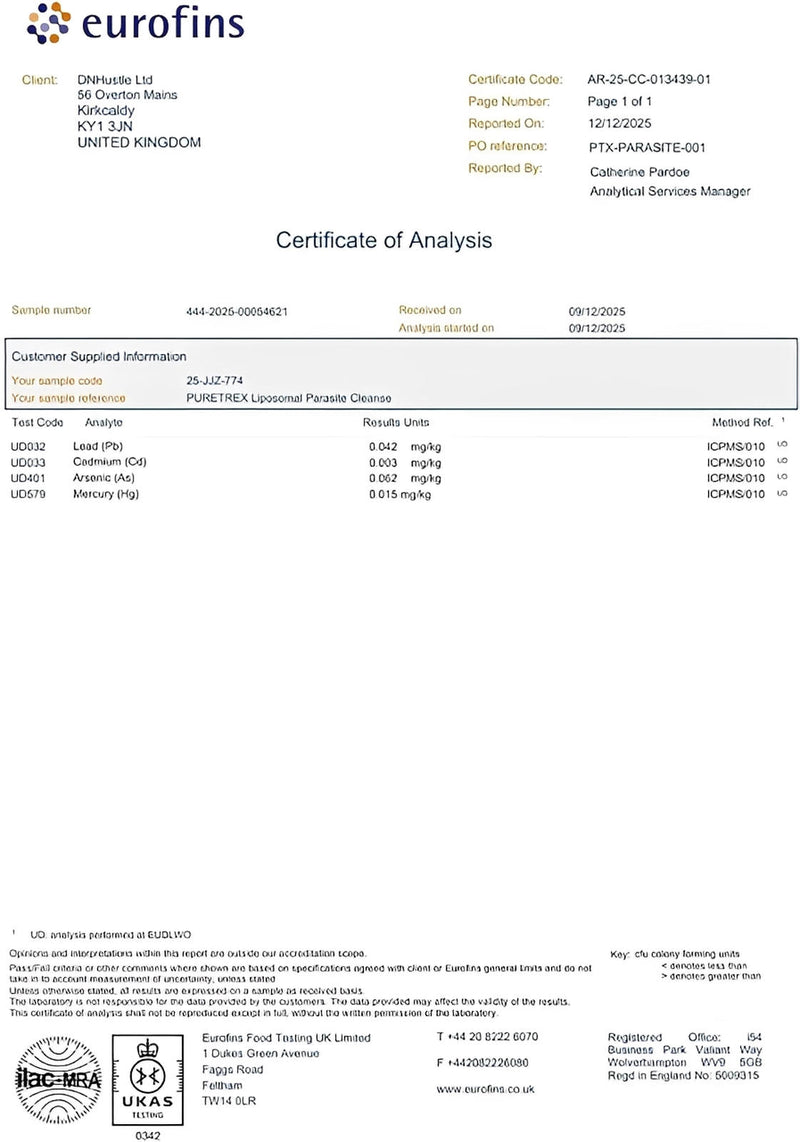 Third-party lab test certificate for PURETREX  liposomal herbal gut cleanse with wormwood black walnut oregano