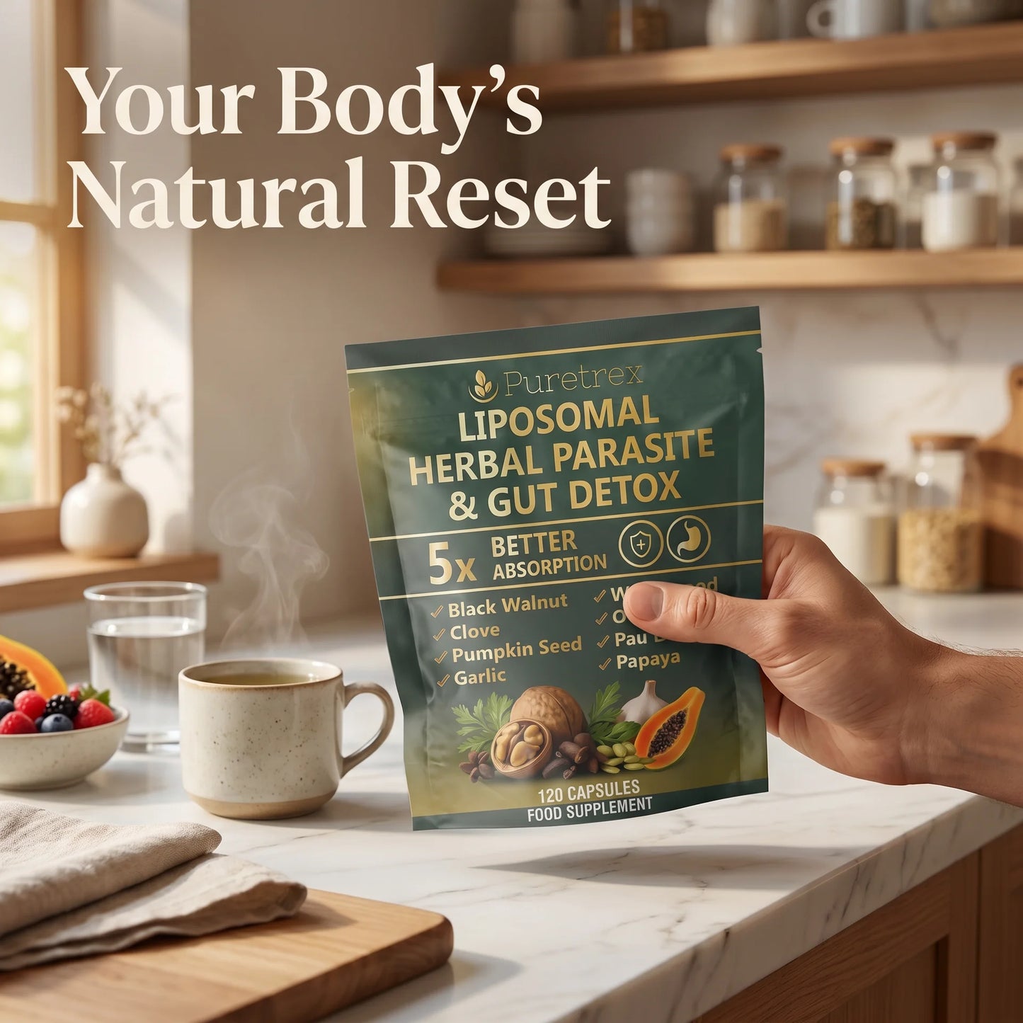 Puretrex Liposomal Herbal Parasite and Gut Detox pouch held in hand in a bright modern kitchen setting with herbal tea and water, your body's natural reset, 120 capsules herbal supplement