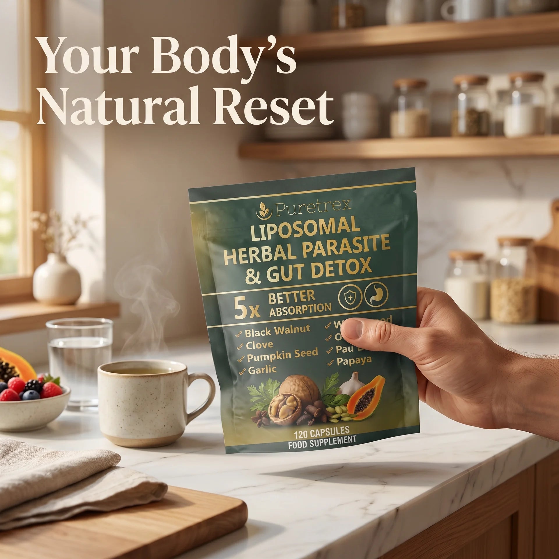 Puretrex Liposomal Herbal Parasite and Gut Detox pouch held in hand in a bright modern kitchen setting with herbal tea and water, your body's natural reset, 120 capsules herbal supplement