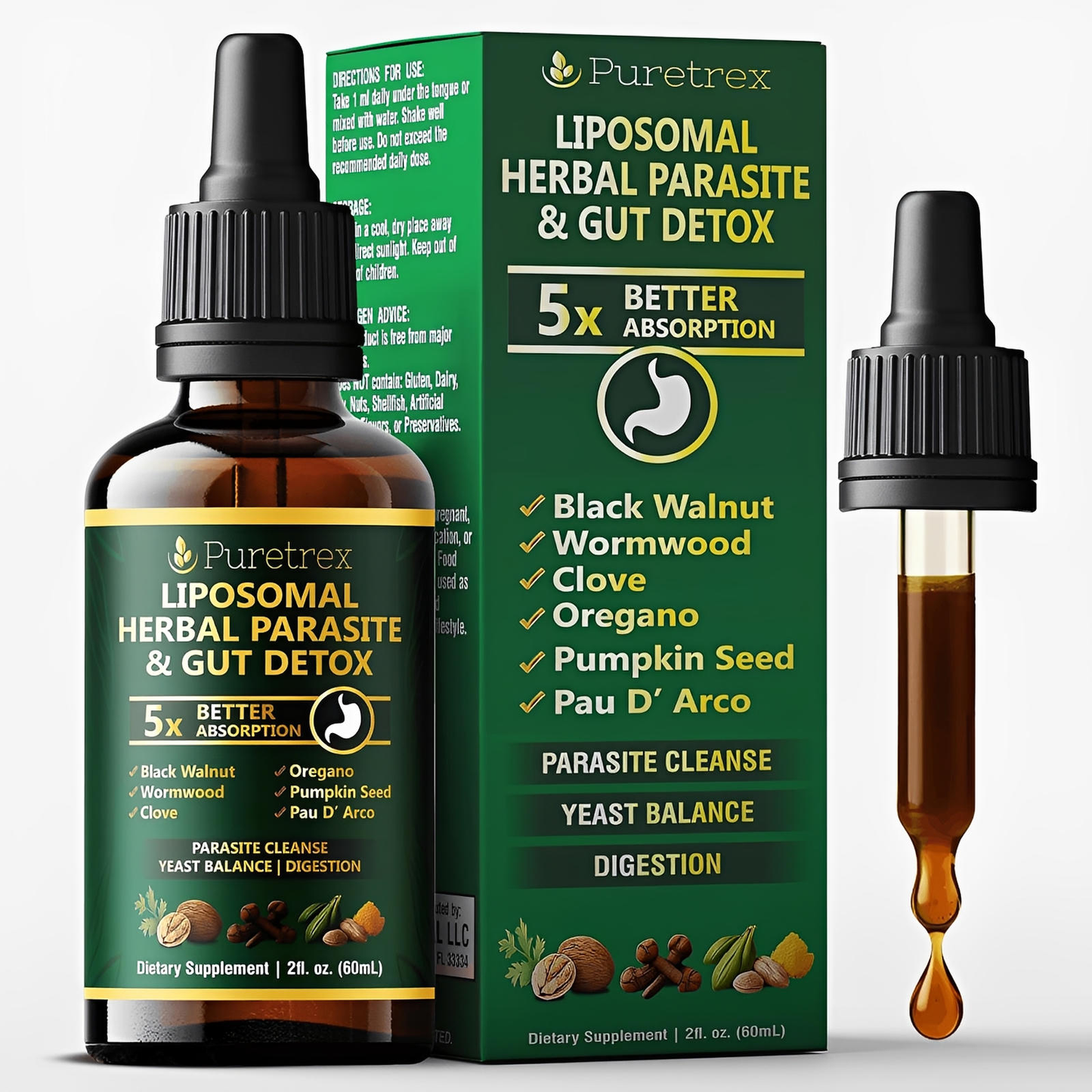 Puretrex Liposomal Herbal Parasite and supplement showing glass dropper bottle, box packaging and liquid formula, advanced liposomal absorption