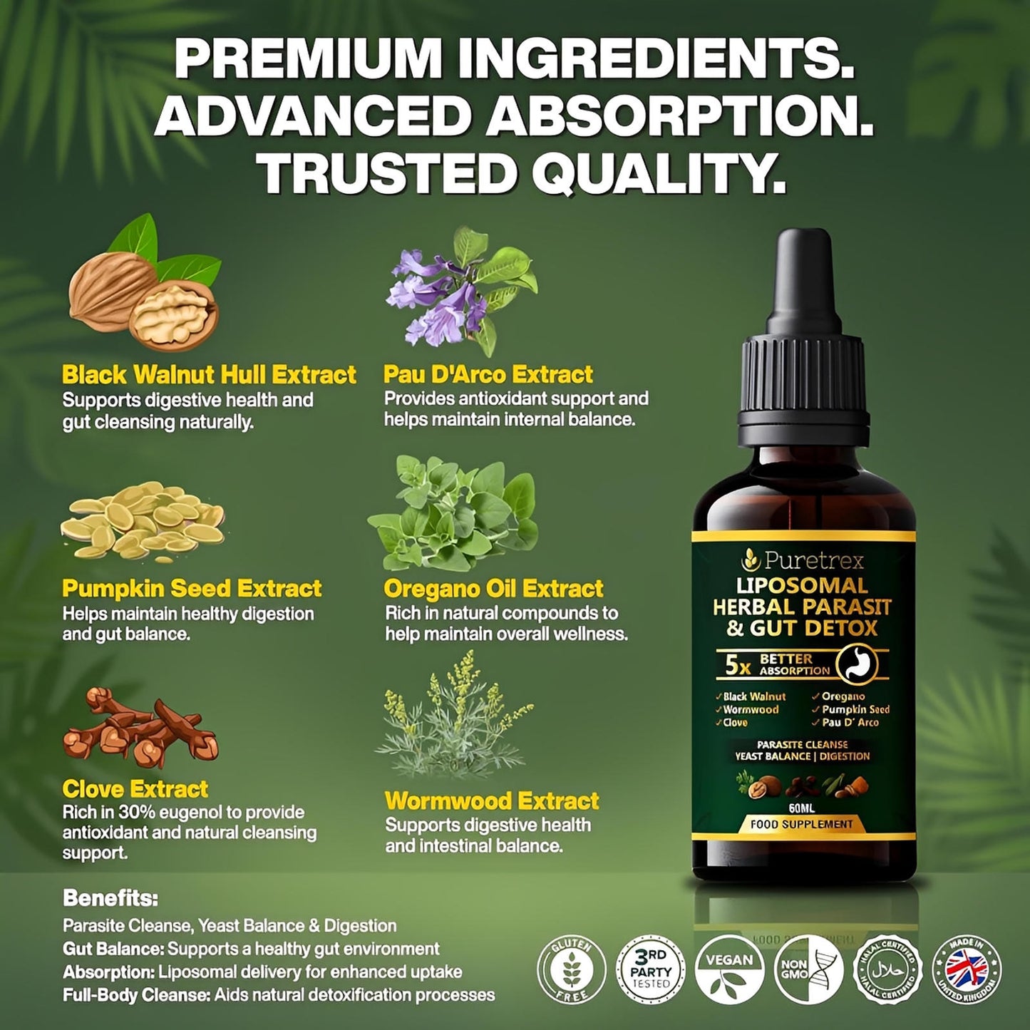 Puretrex Liposomal Herbal Parasite and premium ingredients image highlighting advanced absorption, trusted quality and botanical extracts including black walnut, wormwood, clove, oregano and pumpkin seed