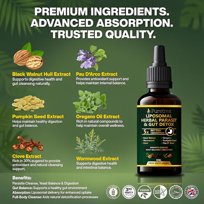 Puretrex Liposomal Herbal Parasite and premium ingredients image highlighting advanced absorption, trusted quality and botanical extracts including black walnut, wormwood, clove, oregano and pumpkin seed