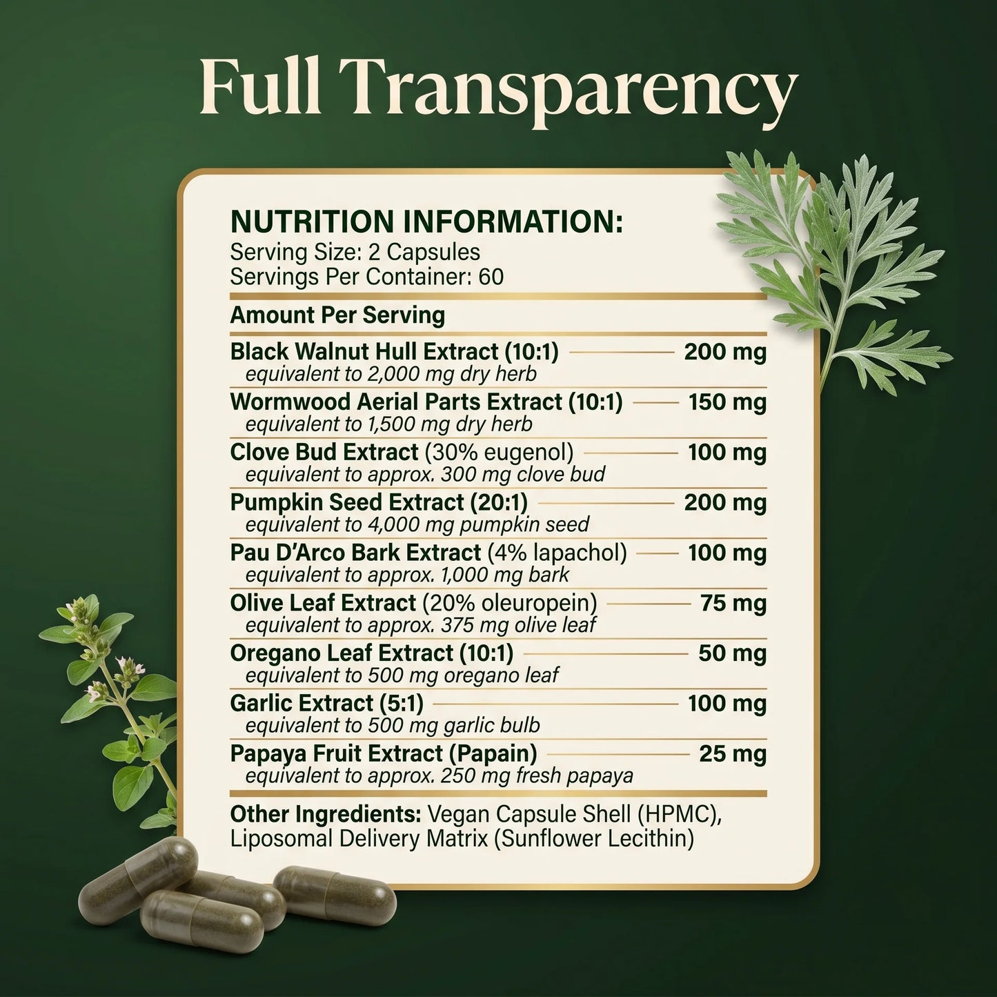 Puretrex Liposomal Herbal Parasite and Gut Detox full supplement facts nutrition information panel showing 9 standardised herbal extracts per 2 capsule serving, 60 servings per container, with liposomal delivery matrix
