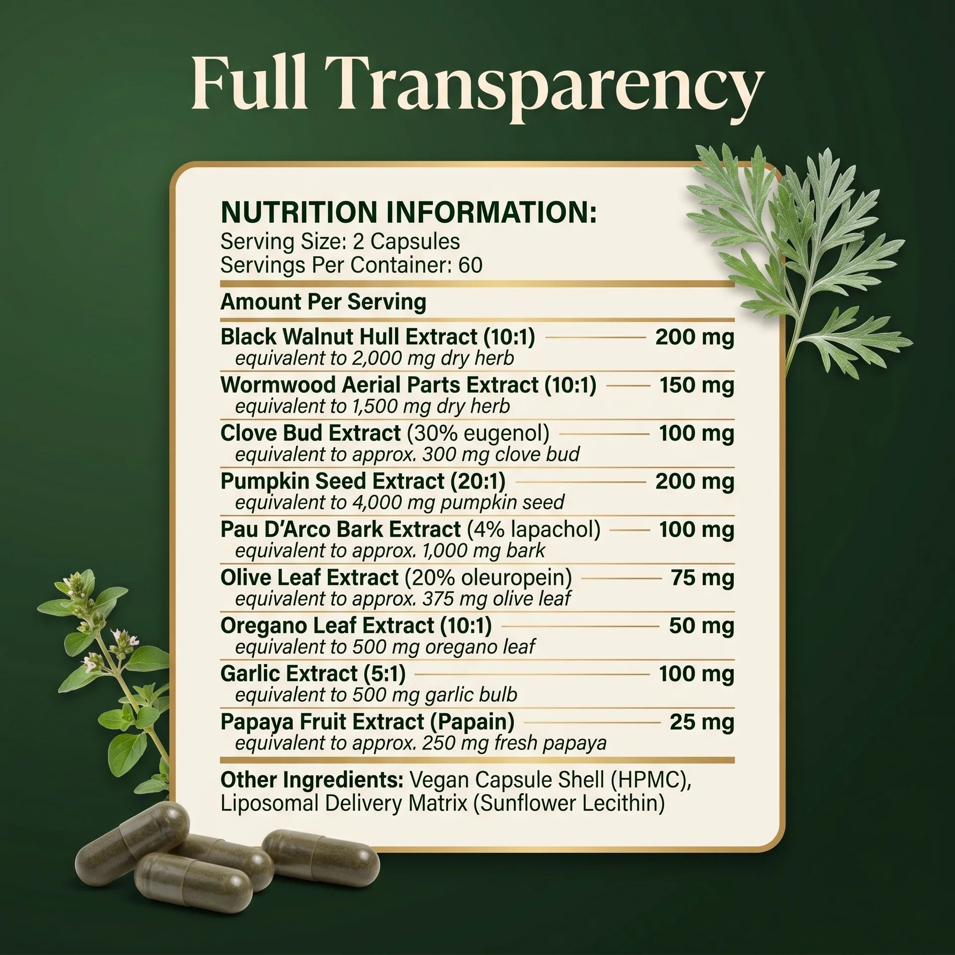 Puretrex Liposomal Herbal Parasite and Gut Detox full supplement facts nutrition information panel showing 9 standardised herbal extracts per 2 capsule serving, 60 servings per container, with liposomal delivery matrix