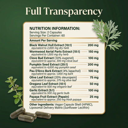 Puretrex Liposomal Herbal Parasite and Gut Detox full supplement facts nutrition information panel showing 9 standardised herbal extracts per 2 capsule serving, 60 servings per container, with liposomal delivery matrix