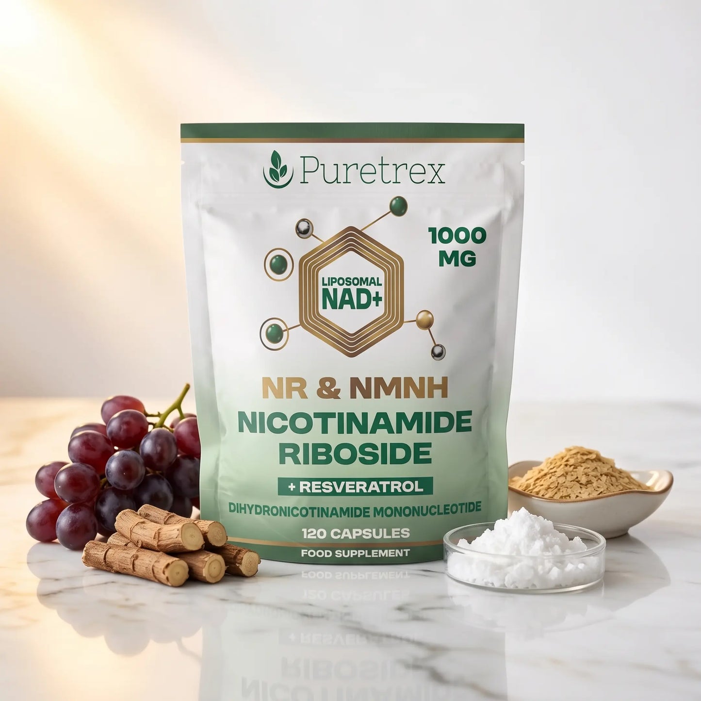 PURETREX Liposomal NAD plus food supplement front pouch with NR and NMNH nicotinamide precursor, light packaging shown on a white marble surface with dark berries and ingredient powder