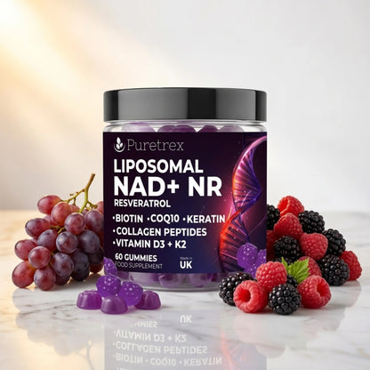 Puretrex Liposomal NAD+ NR Resveratrol gummies in a clear jar with a black lid and dark purple label, styled on a marble surface with purple grapes and mixed berries.