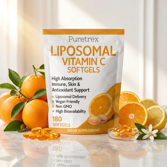 Puretrex Liposomal Vitamin C Softgels supplement pouch displayed with fresh oranges, sliced oranges, and scattered orange softgels on a reflective white surface.