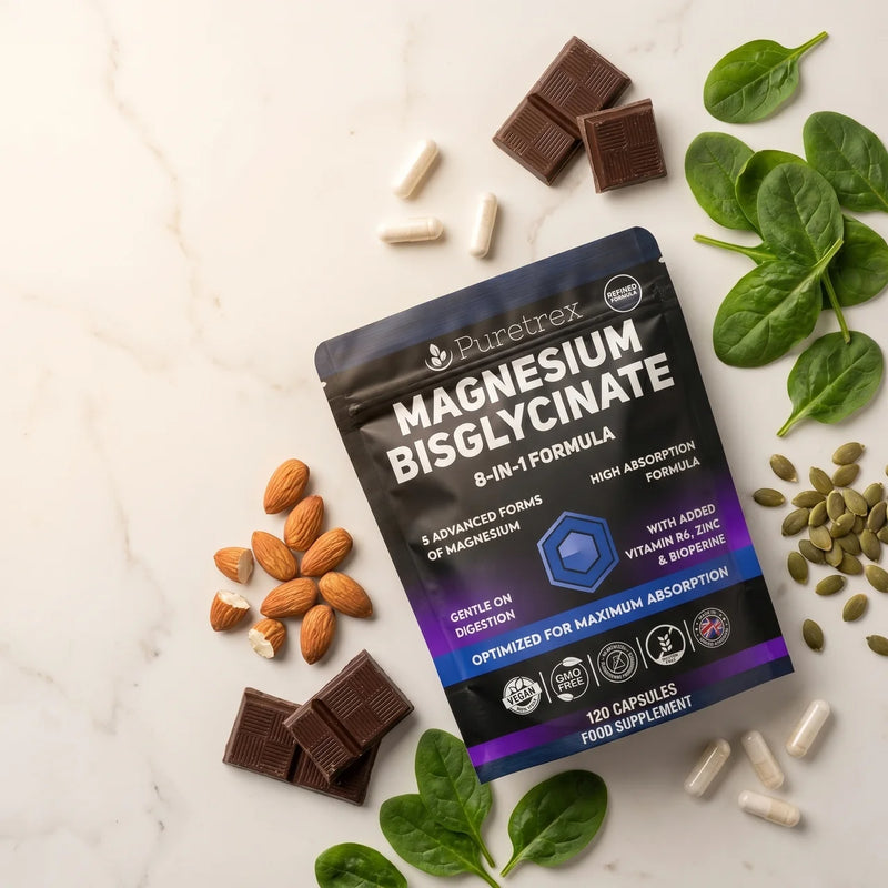 PURETREX Magnesium Glycinate 9-in-1 Complex pouch with almonds, dark chocolate, and spinach — muscle and energy support supplement UK