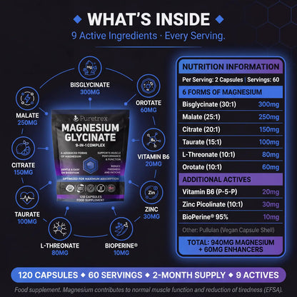 Puretrex Magnesium Glycinate supplement facts panel showing 6 magnesium forms with vitamin B6, zinc and BioPerine, 940mg total blend