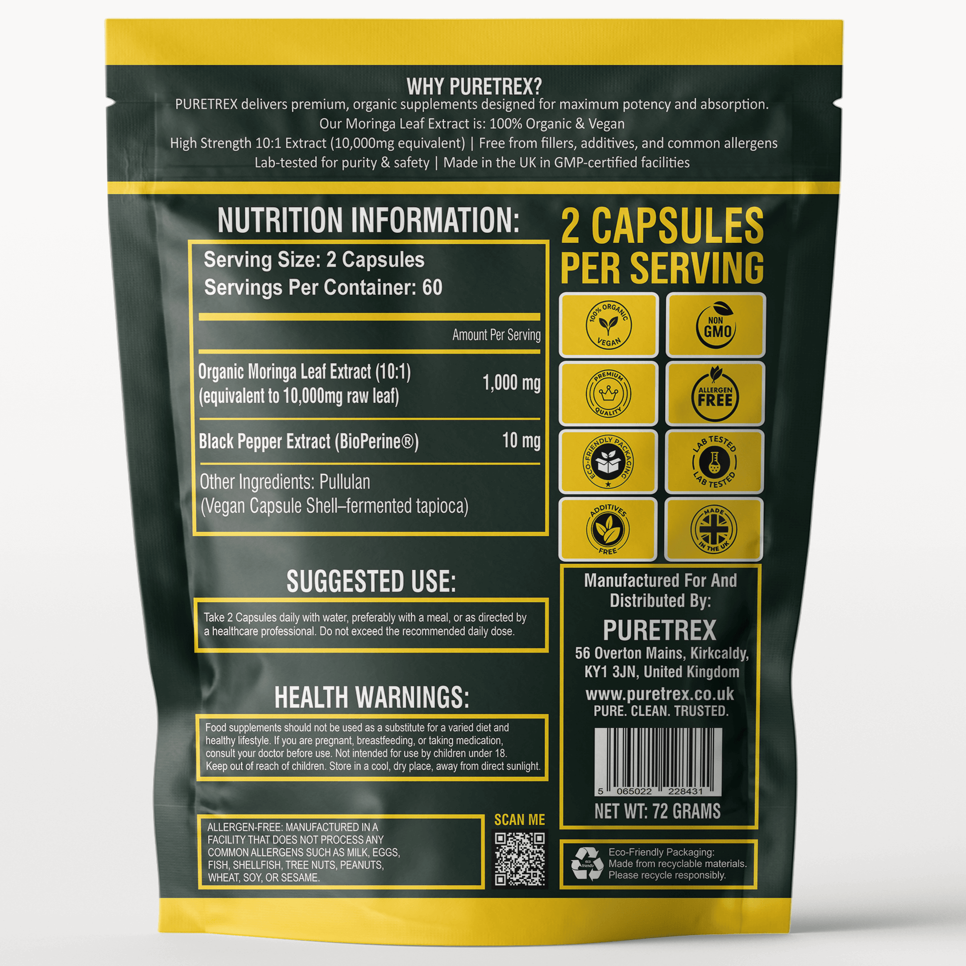 Back of Moringa Leaf Extract package showing nutrition facts, suggested use, and certifications.