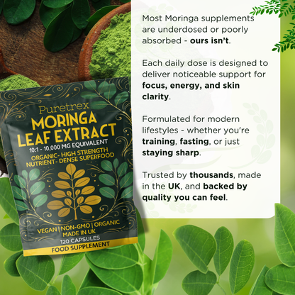 Moringa Leaf Extract packaging surrounded by icons showing key benefits such as skin, hair, digestion, and energy.