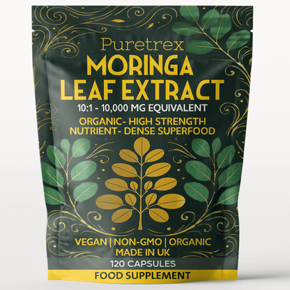 Front view of Moringa Leaf Extract packaging with green and yellow design.