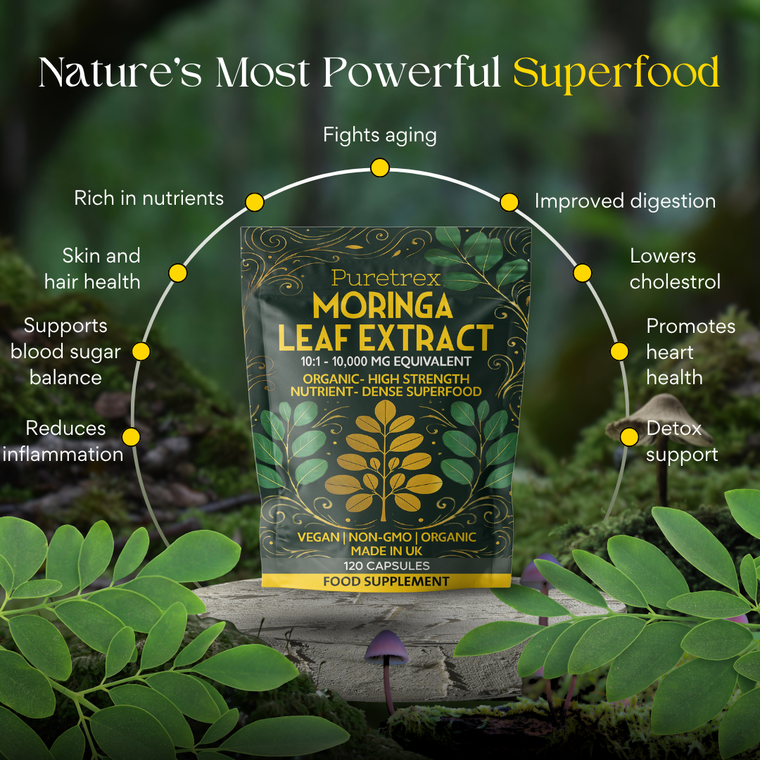 Moringa Leaf Extract package with text about focus, energy, skin clarity, and support for modern lifestyles.