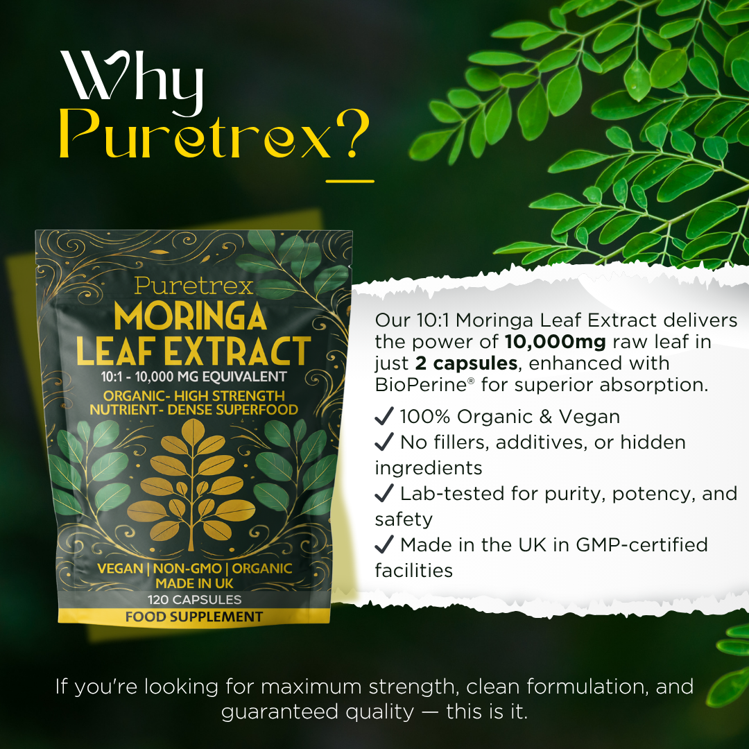 Moringa Leaf Extract package with text highlighting purity, organic certification, and superior absorption.