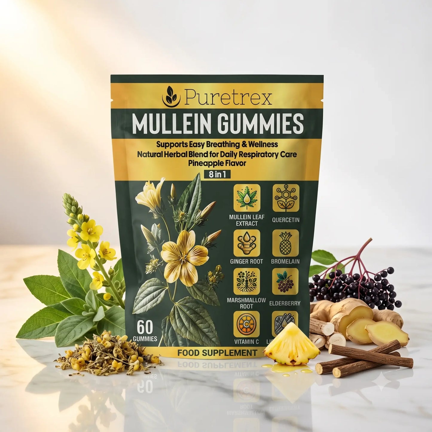 Puretrex Mullein Gummies food supplement package standing upright on a light marble surface, surrounded by botanical ingredients including yellow flowers, green leaves, berries, ginger root, pineapple, cinnamon sticks, and loose dried gummies. The package is dark green and gold with white text and botanical illustrations.