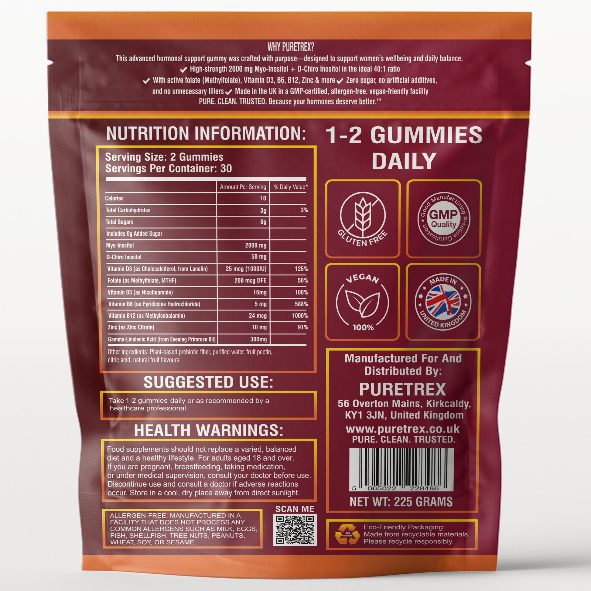 Back label of PURETREX Myo & D-Chiro Inositol Gummies – nutrition information, ingredients list, suggested use, health warnings, and manufacturer details