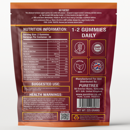Back label of PURETREX Myo & D-Chiro Inositol Gummies – nutrition information, ingredients list, suggested use, health warnings, and manufacturer details