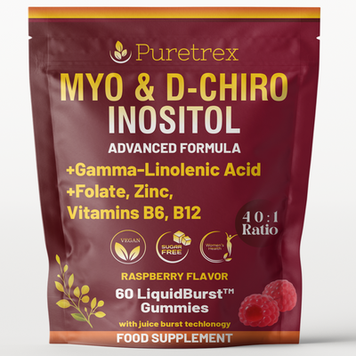 PURETREX Myo & D-Chiro Inositol Gummies – advanced formula with gamma-linolenic acid, folate, zinc, vitamins B6 and B12, raspberry flavor, 60 vegan sugar-free gummies