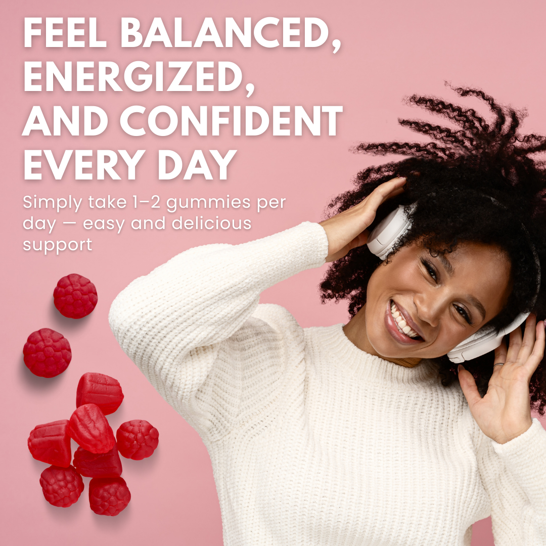 PURETREX Myo & D-Chiro Inositol Gummies – raspberry flavor supplement shown with woman enjoying music, daily support for balance, energy, and confidence