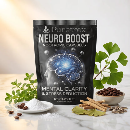 PURETREX Neuro Boost food supplement front pouch in dark packaging with brain graphic, shown on a white marble surface with fresh ginkgo leaves and botanical ingredients