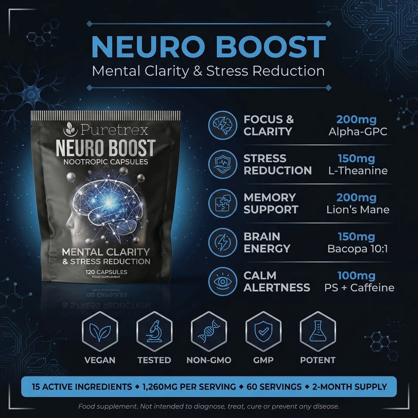 Puretrex Neuro Boost Nootropic Capsules 120 Count with Alpha-GPC 200mg Lions Mane 200mg L-Theanine 150mg for Mental Clarity Focus and Stress Reduction