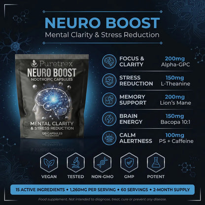 Puretrex Neuro Boost Nootropic Capsules 120 Count with Alpha-GPC 200mg Lions Mane 200mg L-Theanine 150mg for Mental Clarity Focus and Stress Reduction