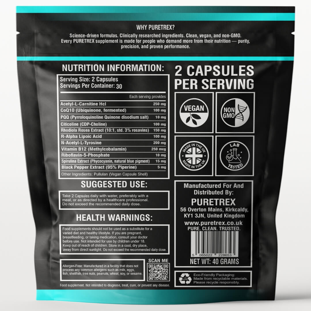 Back of Puretrex Neurocell Redox Focus packaging showing nutrition information, ingredients, directions for use, warnings, barcode and recycling details