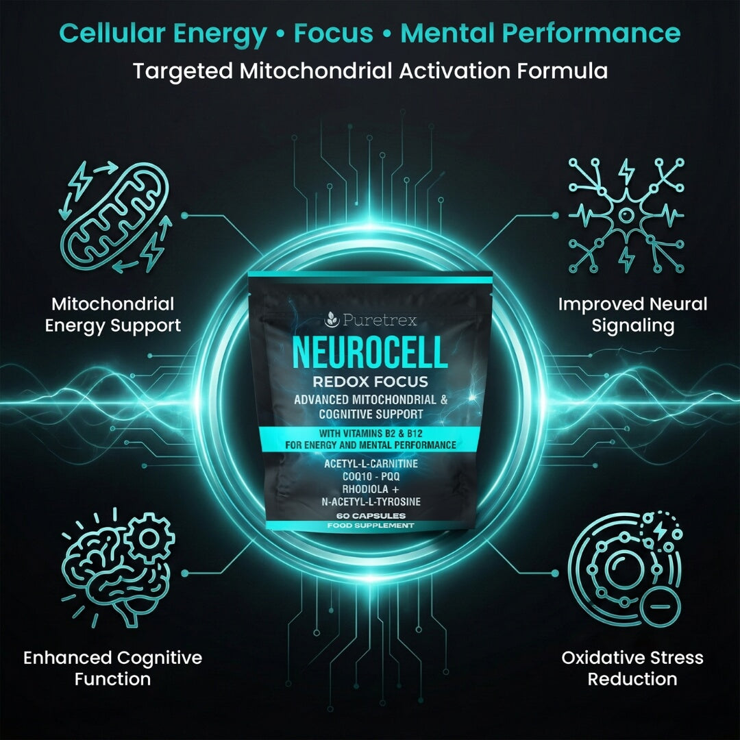Puretrex Neurocell Redox Focus cellular energy and focus image highlighting targeted mitochondrial activation for mental performance and cognitive clarity