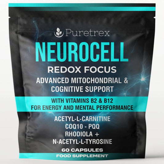 Puretrex Neurocell Redox Focus front packaging showing advanced mitochondrial and cognitive support formula with vitamins B2 and B12 for energy and mental performance