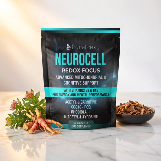 PURETREX Neurocell Redox Focus food supplement front pouch in dark teal packaging shown on a white marble surface with carrots, nuts and natural botanical ingredients