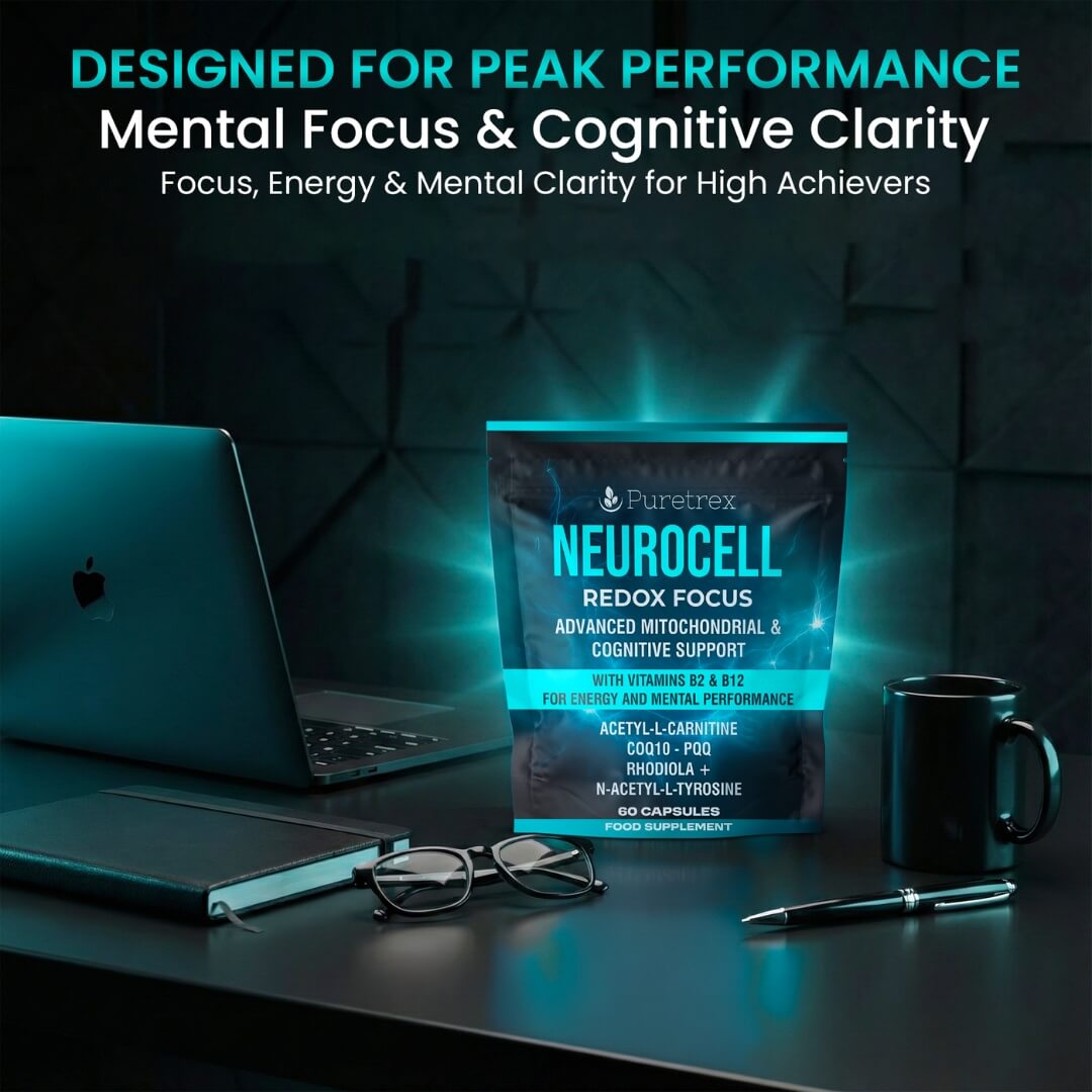 Puretrex Neurocell Redox Focus designed for peak performance image showing mental focus and cognitive clarity support in a professional work environment