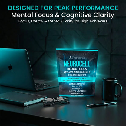 Puretrex Neurocell Redox Focus designed for peak performance image showing mental focus and cognitive clarity support in a professional work environment