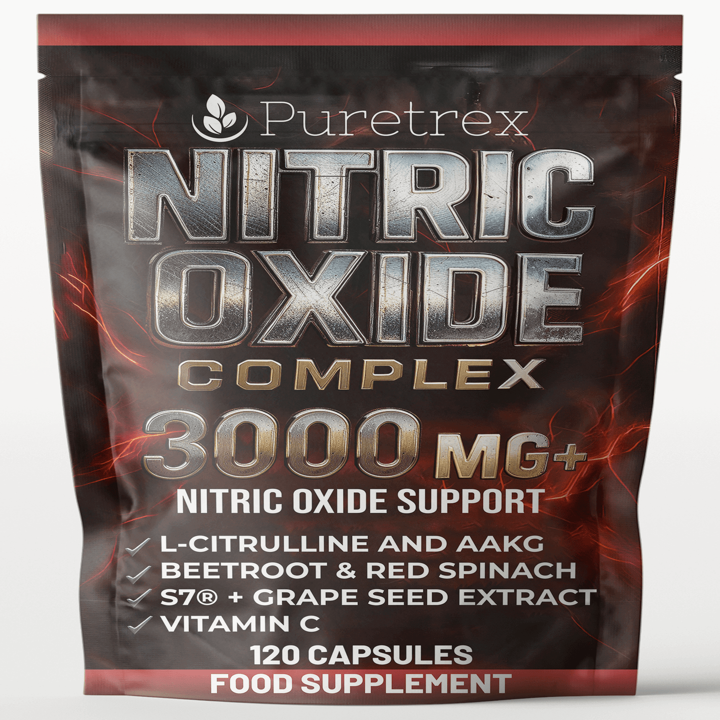 PURETREX Nitric Oxide Complex 3000mg+ supplement pouch with L-Citrulline, AAKG, Beetroot, Red Spinach, S7, and Vitamin C, 120 capsules for energy and endurance
