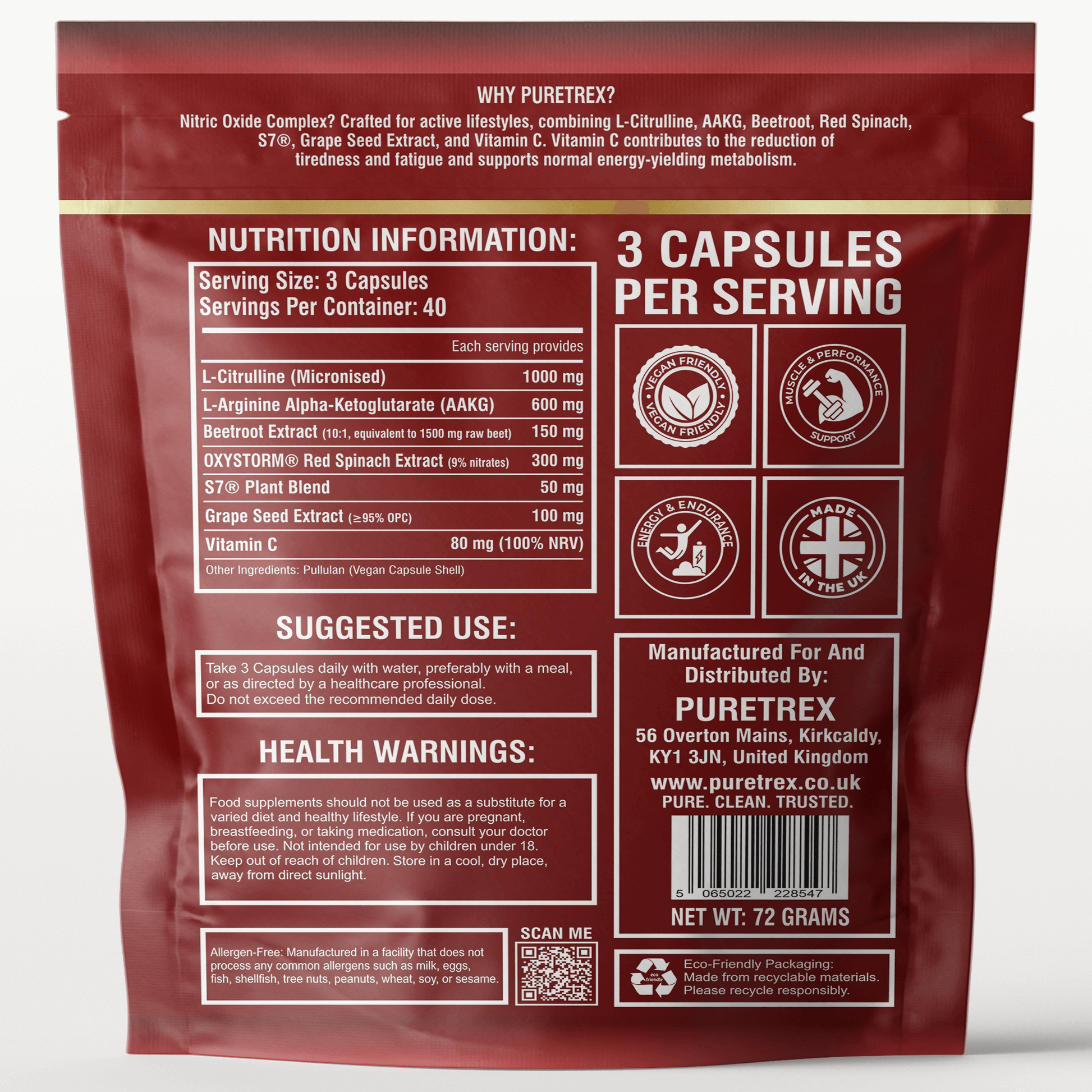 Supplement Facts for PURETREX Nitric Oxide Complex showing dosage, serving size, and nutritional details for 120 capsules