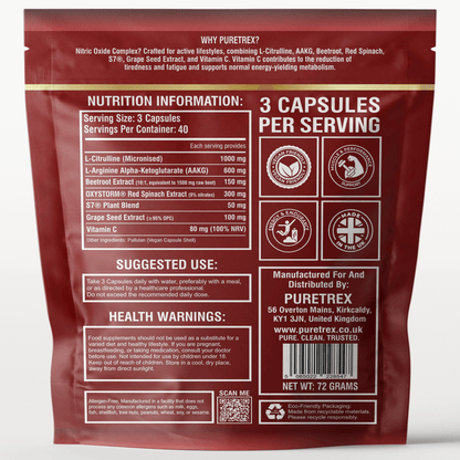 Supplement Facts for PURETREX Nitric Oxide Complex showing dosage, serving size, and nutritional details for 120 capsules